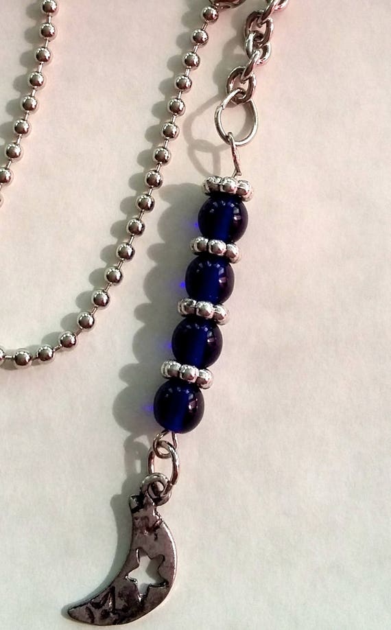 Handmade Beaded Navy Blue Silver Ceiling Fan Pull Chain Light Pull Chain Sky Blue Bead Silver Spacers Moon Pendant Housewarming Gift