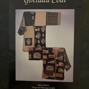 May include: A poster featuring two patchwork Gottadu Coats. The top coat has a mix of patterns, including polka dots, squares, and leaf designs. The bottom coat is dark with animal illustrations. The poster includes the text "Gottadu Coat" and contact information.