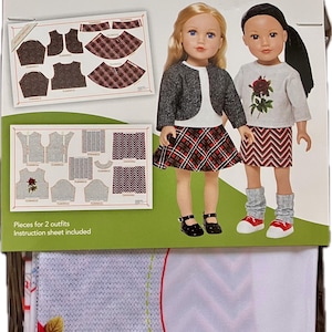 May include: A Simplicity pattern for 18-inch doll clothes. The package shows two dolls wearing outfits made from the pattern. The pattern includes pieces for two outfits, with an instruction sheet. The outfits include skirts, tops, and jackets.