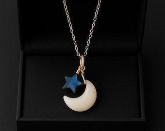 Celestial Moon Star Necklace | Labradorite & Rainbow Moonstone Pendant | Cosmic Charm Necklace