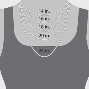 May include: Illustration of a person wearing a tank top, with five necklaces of varying lengths. The necklaces are labeled with their lengths: 14 in., 16 in., 18 in., 20 in., and 24 in. The image is in grayscale.