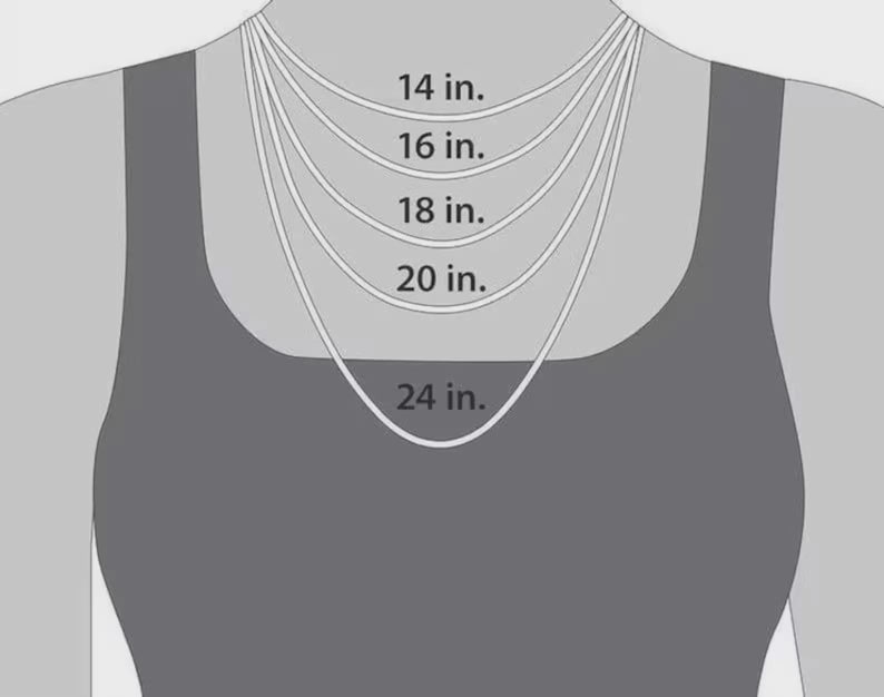 May include: Illustration of a person wearing a tank top, with five necklaces of varying lengths. The necklaces are labeled with their lengths: 14 in., 16 in., 18 in., 20 in., and 24 in. The image is in grayscale.
