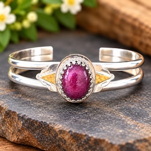 Handmade Sterling Silver Cuff Bracelet with Ruby Cabochon