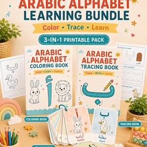 May include: An Arabic alphabet learning bundle featuring a coloring book, a tracing book, and a set of flashcards. The materials include illustrations of animals and fruits alongside Arabic letters and English words, designed for children ages 3-6.