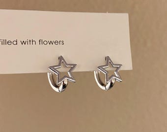Pair of Star Hoop Earring/Ear clip, Minimalist Star Huggie Earrings, North Star Earrings, Dainty Galaxy Hoop Earrings, Unique Gift For Her