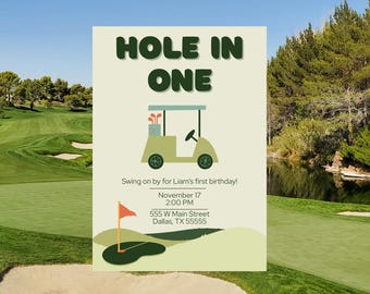 Hole-in-one verjaardagsuitnodiging: golffeest, canvasjabloon (digitale download)
