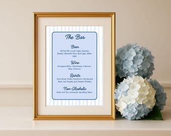 Blauw gestreept barmenubord: kustdrankmenu (digitale download canva 8,5 x 11 inch)