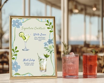 Signature cocktailbord met bloemen: barmenusjabloon (8 x 10 inch, digitale download)