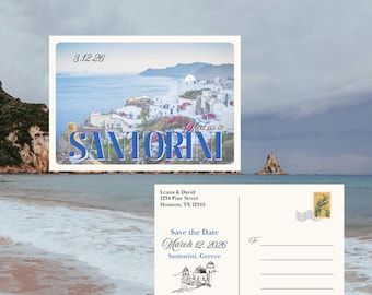 Retro bestemming briefkaart bruiloft: bewaar deze datum - digitale canvassjabloon (A6), bewaar deze datum, Europese bruiloft, bestemmingsbruiloft