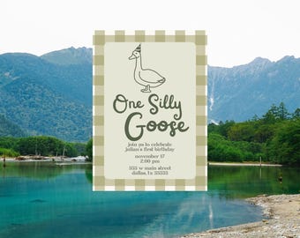 Silly Goose eerste verjaardagsuitnodiging: buiten groen (canvasjabloon digitale download 5 x 7 inch)