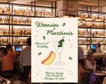 Verjaardagsuitnodiging Weenies en martini's: 30e verjaardag, bewerkbare canvassjabloon (digitale download 5 x 7 inch)