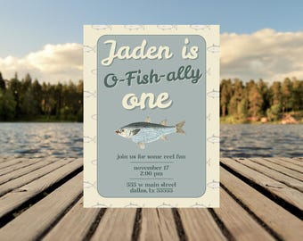 O-Fish-ally One verjaardagsuitnodiging: thema vissen (digitale canvassjabloon 5 x 7 inch)