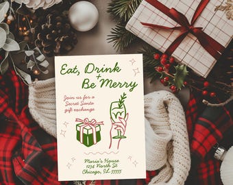 Eat Drink & Be Merry Christmas-uitnodigingsjabloon: kerstfeest afdrukbaar (digitale download Canva)