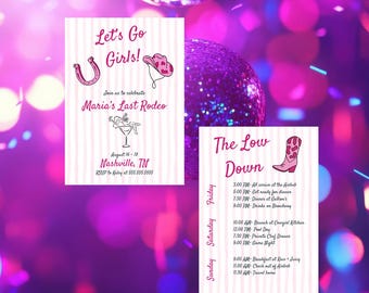 Uitnodiging vrijgezellenfeest Let's Go Girls: laatste rodeo bewerkbare canvassjabloon (digitale download: 5 x 7 inch)
