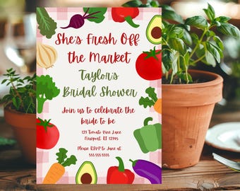 Brautparty Einladung Obst: Bauernmarkt Thema (Canva Template Digitaler Download 13x18cm)