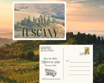 Vintage bestemming bruiloft bewaar deze datum ansichtkaart - Toscane, Italië (digitale canvassjabloon A6)
