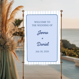 Coastal Blue Collection Welcome Sign- Canva Digital Template, Striped Welcome Sign, Wedding Welcome Sign, Classic Blue + White Welcome Sign