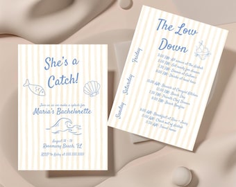 Uitnodiging vrijgezellenfeest She's a Catch: Coastal Cottage-canvasjabloon (digitale download: 5 x 7 inch)