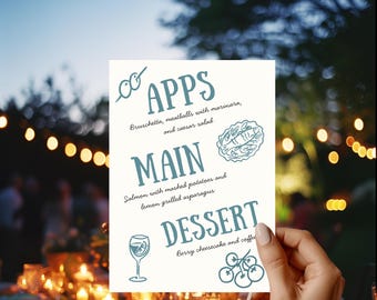 Sjabloon dinermenu blauw pictogram: fris, leuk afdrukbaar 5 x 7 (digitale download van Canva)