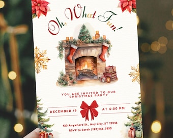 Puede incluir: Una invitación a una fiesta de Navidad con una ilustración en acuarela. La invitación presenta una chimenea, un árbol de Navidad y el texto "Oh, What Fun!". Incluye la fecha, la hora y la información de RSVP.