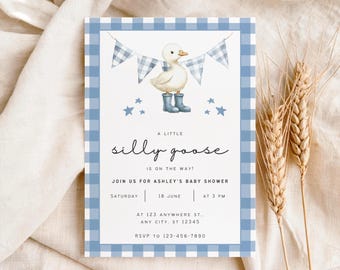 Silly Goose Baby Shower Invite | Editable Canva Template | Blue Gingham Invitation (Instant Download)