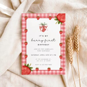 Berry First Birthday Invitation | Strawberry Bow Invite | Red Gingham | Editable Canva Templates (Instant Download)