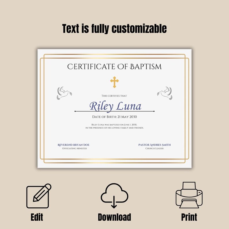 Certificate For Riley Customizable Baptism Certificate | Editable Canva Template (instant ...
