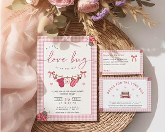 Little Love Bug Baby Shower Invitation Set | Pink Gingham Ladybug Theme (Digital Download)