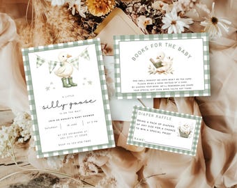 Silly Goose Baby Shower Invitation Set | Green Gingham Invite | Editable Canva Template (Instant Download)