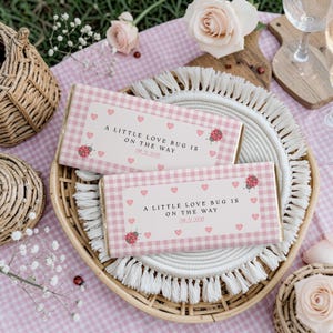 Envoltorios de chocolate para baby shower con diseño de mariquitas y estampado de cuadros rosas (plantilla editable de Canva)
