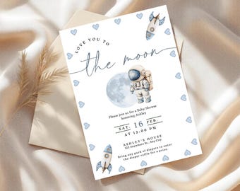 Astronaut Baby Shower Invitation | Rockets | Outer Space | Moon Theme (Editable Canva Template | Instant Download)