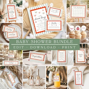 Puede incluir: Un paquete para baby shower con varios artículos de papelería. Los diseños presentan un borde festoneado rojo, mariposas y el texto "Love Bug". Incluye invitaciones, adornos para cupcakes y etiquetas de agradecimiento. También se ve el texto "Baby Shower Bundle Edit Download Print".