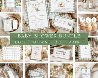 Silly Goose Baby Shower Bundle, Editable Canva Templates, Green Gingham (Instant Download)