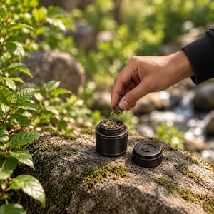 Op de afbeelding: Een kleine, cilindervormige container van donker metaal met een bijpassend deksel dat ernaast ligt. De container is geopend en toont gedroogde botanische inhoud, terwijl een hand een klein stukje gedroogd plantmateriaal in het vat plaatst.