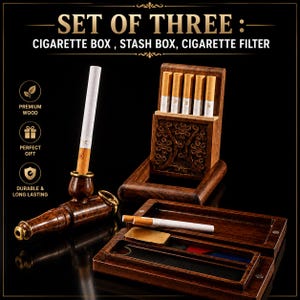 Cigarette Case , Stash Box , Cigarette Filter combo pack  | Vintage Cigarette box and Holder Set   |  Luxury Gift | handcrafted box and pipe