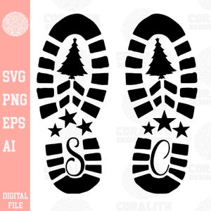 May include: Black footprint design with a Christmas tree, stars, and the letter "S". The design is a digital file, perfect for creating holiday-themed crafts. The design includes the file types SVG, PNG, EPS, and AI.