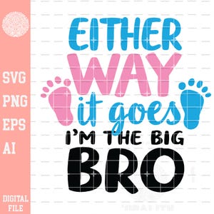 Könnte beinhalten: Ein digitales Design mit dem Text "EITHER WAY it goes I'M THE BIG BRO" in Blau, Rosa und Schwarz. Rosa und blaue Fußabdrücke sind ebenfalls enthalten. Das Design ist für eine digitale Datei.