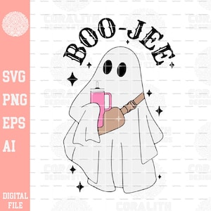 Może przedstawiać: Ilustracja białego ducha z napisem "Boo-Jee" nad nim. Duch trzyma różowy kubek ze słomką i brązową torbę. Czarne gwiazdy są rozrzucone wokół ducha. Obraz zawiera również tekst "SVG, PNG, EPS, AI, DIGITAL FILE".