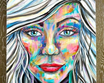 Colorful woman’s face original painting by Amy Marie Kulseth. Vibrant Visions. 30” x 24” x 1.5” canvas.