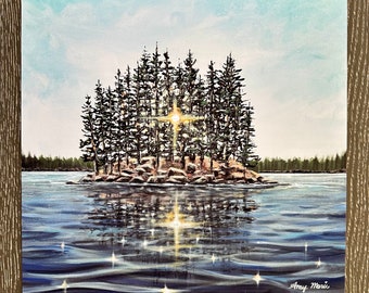 Northwoods lake painting canvas print. “Morning Reflections” by Amy Marie Kulseth. Faith Art. Multiple sizes available.