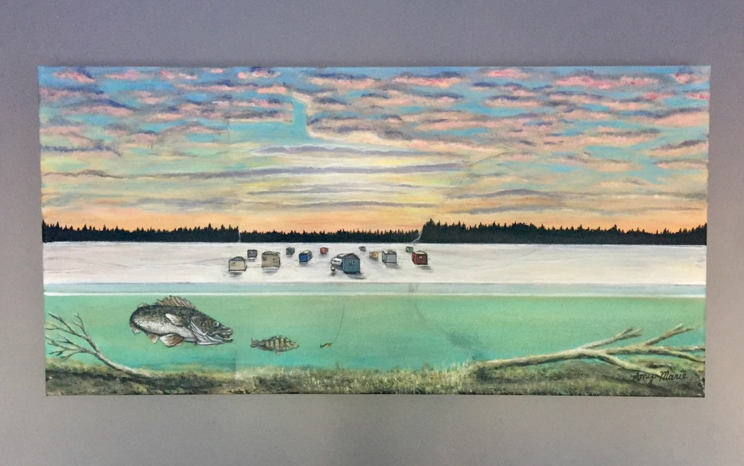 Minnesota Ice Fishing Art Painting.state of the Art Life Under Ice by