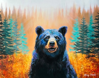 Northwoods Betty the Blackbear canvas print. Painting by Amy Marie Kulseth. Multiple sizes available.