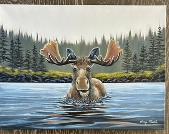 Original moose painting . “Northwoods Matt the Moose” by Amy Marie Kulseth. 24” x 18” x 1.5”.