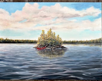 Large 48”x 36” original painting. Northwoods Canoe lake island painting by Amy Marie Kulseth. BWCA inspired.