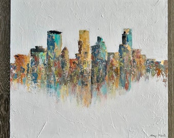 Minneapolis Gold. MPLS Skyline large original painting by Amy Marie Kulseth. 24” x 24”x 1.5”.