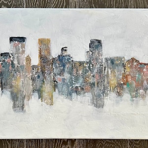 Skyline Sparkles, pintura original de Amy Marie Kulseth. 36” x 18” x 1.5.