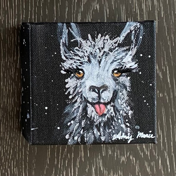 Mini Loopy Llama original painting by Amy Marie Kulseth. 4” x 4” x 1.25”