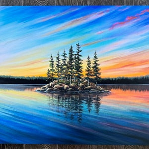 Sunset Lake Island canvas print. “Rocky Pine Island” by Amy Marie Kulseth