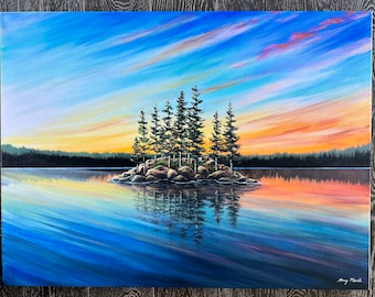 Sunset Lake Island canvas print. “Rocky Pine Island” by Amy Marie Kulseth
