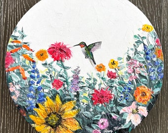 Circular 14” original canvas painting. Hummingbirds Haven textured painting by Amy Marie Kulseth.